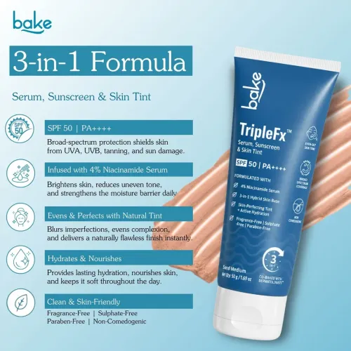 Bake Cosmetics: TripleFx SPF 50 PA++++ 3-in-1 Tinted Sunscreen for Broad Spectrum UVA/UVB Protection, Skin Tint & Even Skin Tone - Sand Medium 50gm