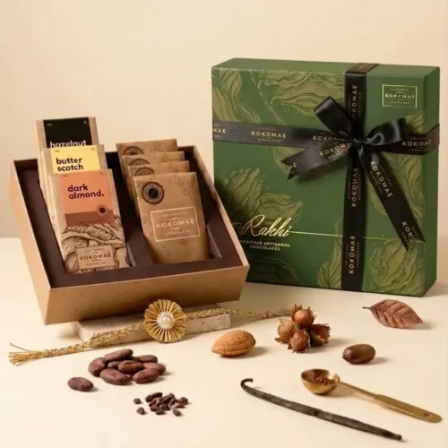 Kokomae: Raksha Bandhan Signature Chocolate Gift Hamper | 4 Bean-to-Bar Chocolate Bars, 3 Chocolate Coated Nuts, Complimentary Rakhi & Greeting Card