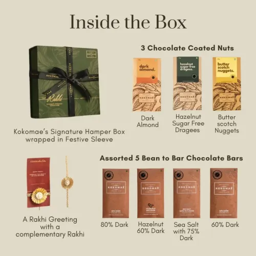 Kokomae: Raksha Bandhan Signature Chocolate Gift Hamper | 4 Bean-to-Bar Chocolate Bars, 3 Chocolate Coated Nuts, Complimentary Rakhi & Greeting Card