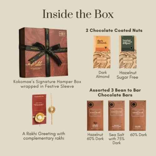 Kokomae: Raksha Bandhan Signature Chocolate Gift Hamper | 3 Bean-to-Bar Chocolate Bars & 2 Chocolate Coated Nuts | Complimentary Rakhi & Greeting Card