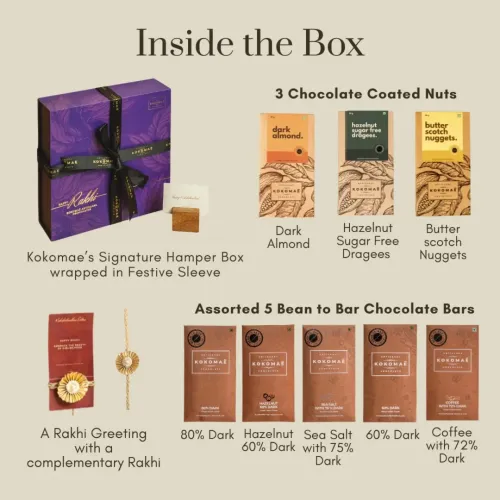 Kokomae: Raksha Bandhan Signature Chocolate Gift Hamper | 5 Bean-to-Bar Chocolate Bars, 3 Chocolate Coated Nuts, Complimentary Rakhi & Greeting Card