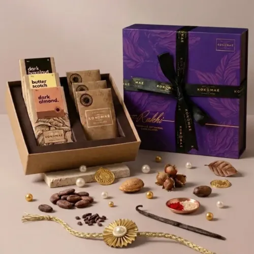 Kokomae: Raksha Bandhan Signature Chocolate Gift Hamper | 3 Bean-to-Bar Chocolate Bars, 3 Chocolate Coated Nuts, Complimentary Rakhi & Greeting Card