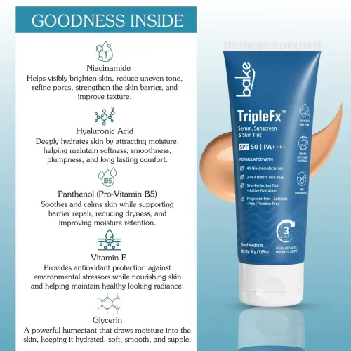 Bake Cosmetics: TripleFx SPF 50 PA++++ 3-in-1 Tinted Sunscreen for Broad Spectrum UVA/UVB Protection, Skin Tint & Even Skin Tone - Sand Medium 50gm