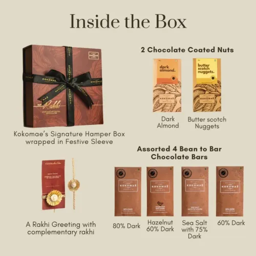 Kokomae: Raksha Bandhan Signature Chocolate Gift Hamper | 4 Bean-to-Bar Chocolate Bars, 2 Chocolate Coated Nuts, Complimentary Rakhi & Greeting Card