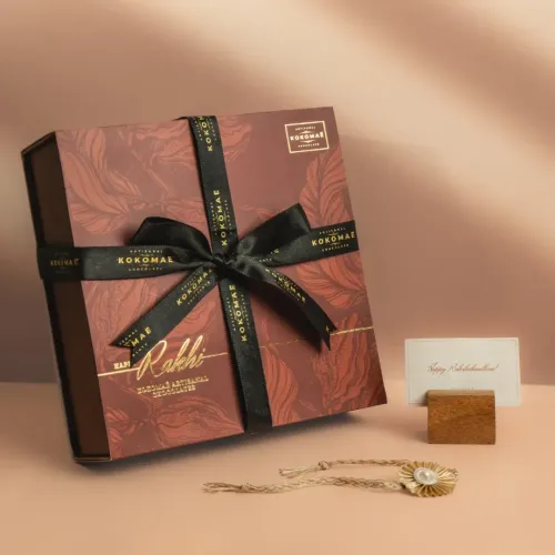 Kokomae: Raksha Bandhan Signature Chocolate Gift Hamper | 4 Bean-to-Bar Chocolate Bars, 2 Chocolate Coated Nuts, Complimentary Rakhi & Greeting Card