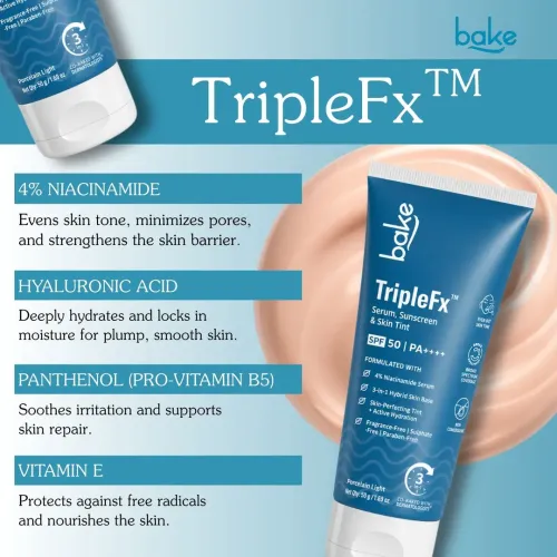 Bake Cosmetics: TripleFx SPF 50 PA++++ 3-in-1 Tinted Sunscreen for Broad Spectrum UVA/UVB Protection, Skin Tint & Even Skin Tone - Porcelain Light 50gm