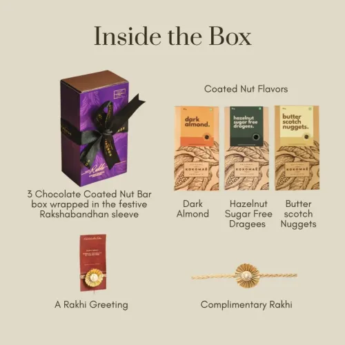 Kokomae: Rakhi Chocolate Coated Nut Gift Box | Dark Almond, Hazelnut Sugar Free Dragées & Butterscotch Nuggets | 3 x 50gm