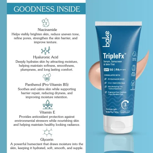 Bake Cosmetics: TripleFx SPF 50 PA++++ 3-in-1 Tinted Sunscreen for Broad Spectrum UVA/UVB Protection, Skin Tint & Even Skin Tone - Porcelain Light 50gm