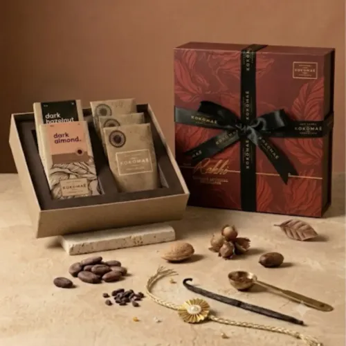 Kokomae: Raksha Bandhan Signature Chocolate Gift Hamper | 3 Bean-to-Bar Chocolate Bars & 2 Chocolate Coated Nuts | Complimentary Rakhi & Greeting Card