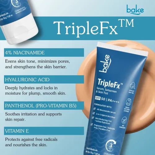Bake Cosmetics: TripleFx SPF 50 PA++++ 3-in-1 Tinted Sunscreen for Broad Spectrum UVA/UVB Protection, Skin Tint & Even Skin Tone - Sand Medium 50gm