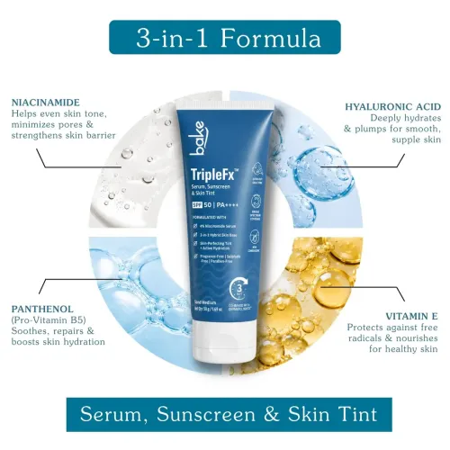 Bake Cosmetics: TripleFx SPF 50 PA++++ 3-in-1 Tinted Sunscreen for Broad Spectrum UVA/UVB Protection, Skin Tint & Even Skin Tone - Sand Medium 50gm