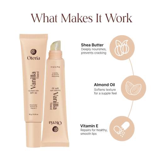 Oteria: Vanilla Tinted Lip Balm | With Shea Butter, Almond Oil & Vitamin E | SPF 30 Sun Protection | 10g