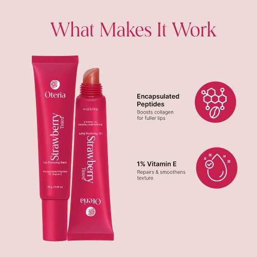Oteria: Strawberry Tinted Lip Plumping Balm | With Encapsulated Peptides, Vitamin E & Caffeine | 10g
