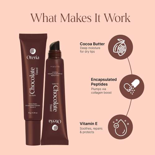 Oteria:  Chocolate Tinted Lip Balm | With Cocoa Butter, Encapsulated Peptides & Vitamin E | Smooth, Plump Lips | 10g