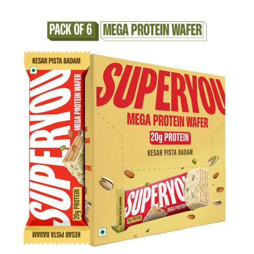 SuperYou: Kesar Pista Badam Mega Protein Wafer Bar (Pack of 6) 20G Protein, 4.8g Fibre, No Added Sugar | Yeast Fermented |Energy Bars|Crunchy Wafer Bar|100% Vegetarian|No Palm Oil | 360g