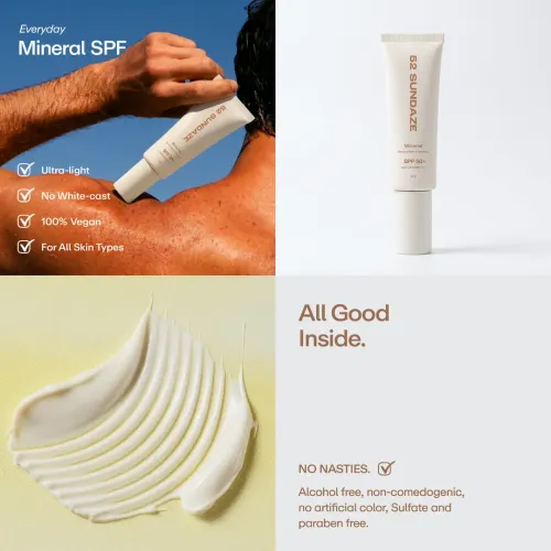 52 Sundaze: Mineral Sunscreen SPF 50 PA++++ | For Senitive Skin | In-Vivo Tested | Blue Light & Pollution Protection | No White Cast | Zinc & Iron Oxide | Fragrance Free | 50g