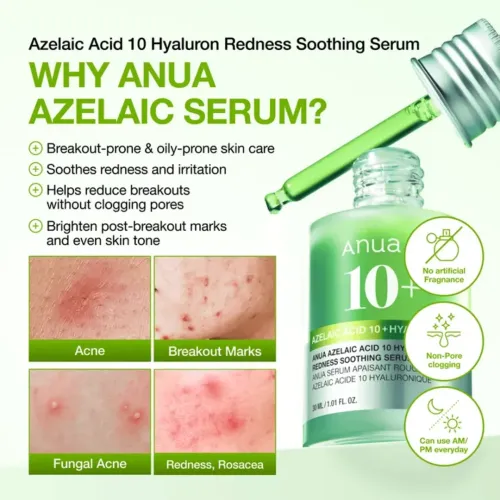 Anua: Azelaic Acid 10+ Hyaluron Redness Soothing Serum | For Blemish | Calms Acne-Prone Skin | 30ml