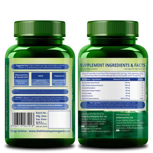 Vlado's Himalayan Organics: Vladoâ€™s Himalayan Organics Glucosamine Chondroitin MSM Tablets | Cartilage & Joint Support Supplement | Glucosamine for Joint Relieves Pain and Stiffness I Added Collagen peptides, Curcuma, Vitamin D & Boswellia - Pure Veg Formula - 120 Vegetarian Table