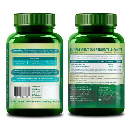 Vlado's Himalayan Organics: Chelated Magnesium Glycinate Supplement 2000mg Per Serving | Magnesium Supplement I High Absorption I Clinically Proven I Support in Muscle, Cramps, Recovery, & Nerve Relaxation, Better Sleep Quality - 120 Veg Tablets