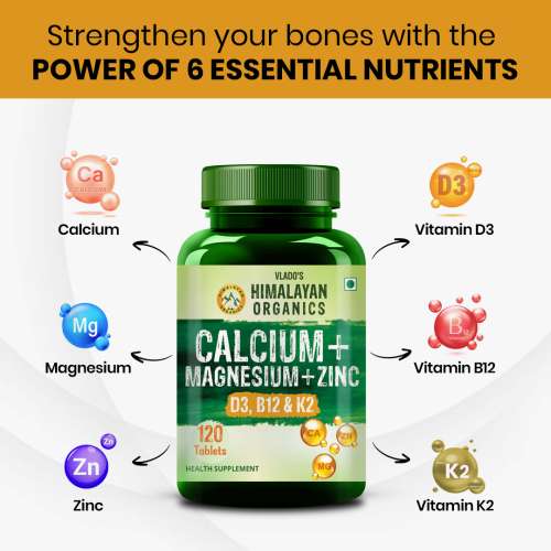 Vlado's Himalayan Organics: Calcium Magnesium Zinc Vitamin D3 & B12- 120 Vegetarian Tablets