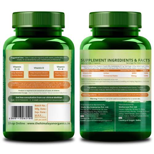 Vlado's Himalayan Organics: Plant Based D3 + K2 - 120 Veg Capsules