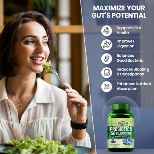 Vlado's Himalayan Organics: Probiotics Supplement 50 Billion CFU with Prebiotics 150mg for Digestion, Gut Health & Immunity - 60 Veg Capsules