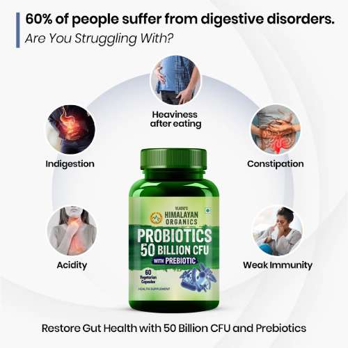 Vlado's Himalayan Organics: Probiotics Supplement 50 Billion CFU with Prebiotics 150mg for Digestion, Gut Health & Immunity - 60 Veg Capsules