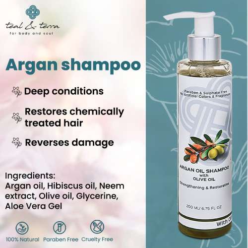 Teal and Terra: Shampoo With Argan Oil, Olive Oil For Hair Strengthening & Restoration - 200ml