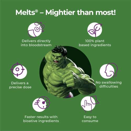 Wellbeing Nutrition: Marvel Hulk Melts | Kids Vegan Algae Omega-3(EPA & DHA), Alpha GPC - Strawberry Mint Flavor (30 OralThin Strips)