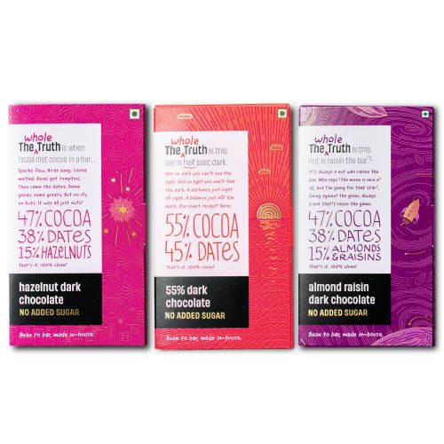 The Whole Truth: 55% Dark Chocolate Combo - (Pack of 3) - 1 - 55% Dark chocolate - 1 - Hazelnut Dark Chocolate - 1- Almond Raisins Dark Chocolate - No Added Sugar - Sweetened only with Dates - 55% Cocoa - 45% Dates