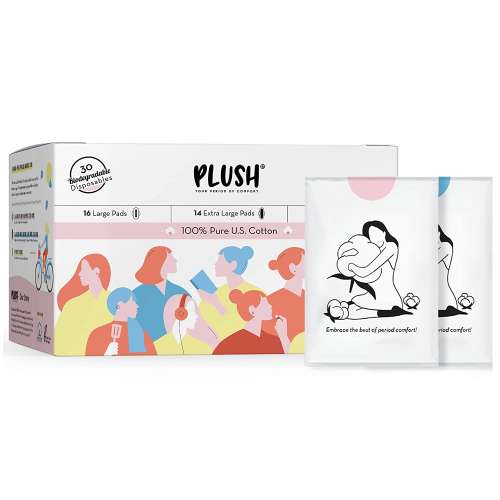 Plush: 100% Pure US Cotton Ultra-Thin Rash Free & Soft Natural Sanitary Pads for Women - 30 Pads (16 Light Flow Pads, 14 Heavy Flow Pads And 2 Panty Liners)