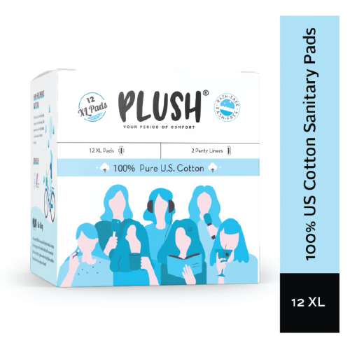 Plush: 100% Pure US Cotton Ultra-Thin Rash Free Natural Sanitary Pads for Women (12 XL Sanitary Pads and 2 Panty Liners)