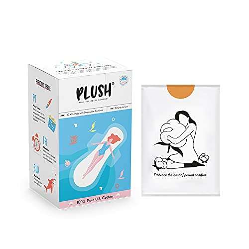 Plush: 100% Pure US Cotton Ultra-Thin Rash Free Natural Sanitary Pads for Women - 10 XXL Pads with Diposable Pouches - 360mm | For Heavy Flow