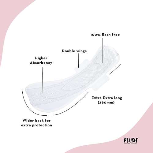 Plush: 100% Pure US Cotton Ultra-Thin Rash Free Natural Sanitary Pads for Women - 10 XXL Pads with Diposable Pouches - 360mm | For Heavy Flow Plush: 100% Pure US Cotton Ultra-Thin Rash Free Natural Sanitary Pads for Women - 10 XXL Pads with Diposable Pouches - 360mm | For Heavy Flow