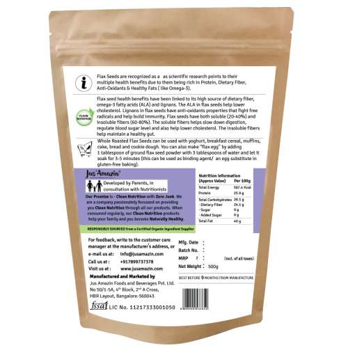 Jus Amazin: Organic Roasted Flax Seeds - 500 gm