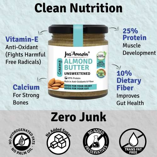 Jus Amazin: Creamy Almond Butter - Unsweetened - 200 gm