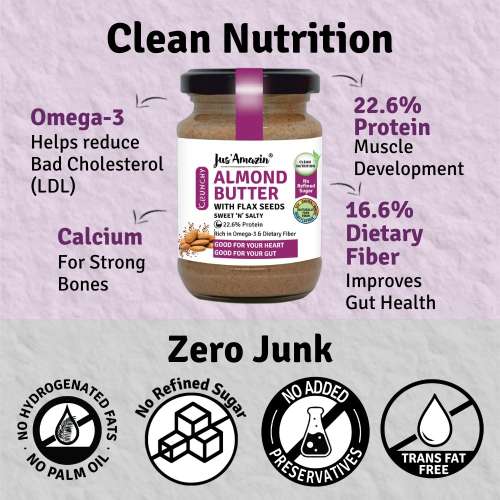 Jus Amazin: Crunchy Almond Butter  With Flaxseeds - 200 gm