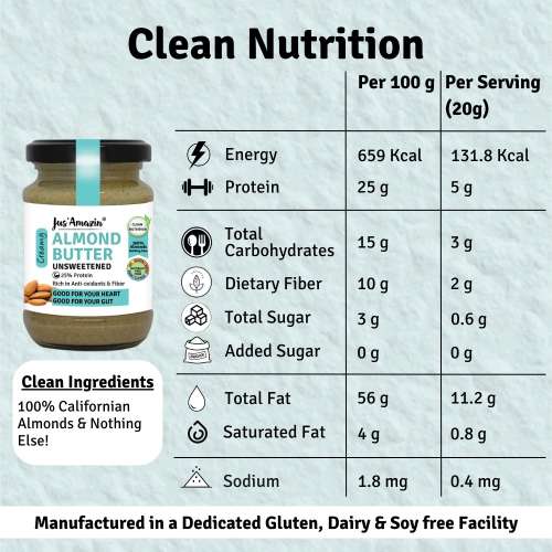 Jus Amazin: Creamy Almond Butter - Unsweetened - 125 gm