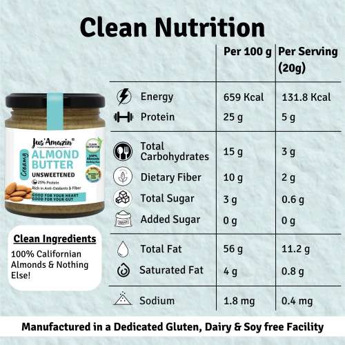 Jus Amazin: Creamy Almond Butter - Unsweetened - 200 gm