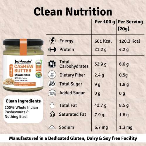Jus Amazin: Creamy Cashew Butter - Unsweetened - 200 gm