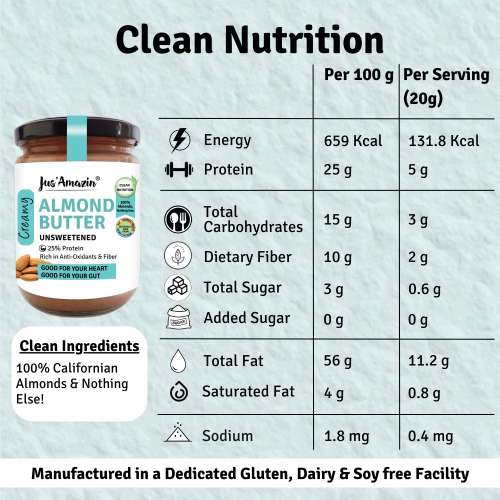 Jus Amazin: Creamy Almond Butter - Unsweetened - 500 gm
