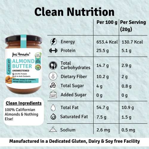 Jus Amazin: CRUNCHY Almond Butter - Unsweetened - 500 gm