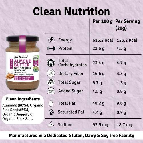 Jus Amazin: Crunchy Almond Butter  With Flaxseeds - 200 gm