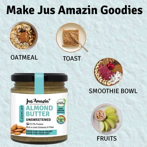 Jus Amazin: CRUNCHY Almond Butter - Unsweetened - 200 gm