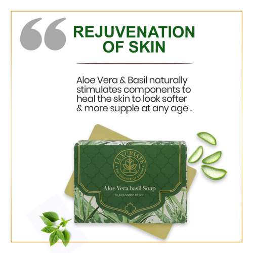 Luxuriate: Naturally Refreshing Aloe Vera and Basil Soaps for Rejuvenatioon of Skin for Men and Women - 125gm Luxuriate: Naturally Refreshing Aloe Vera and Basil Soaps for Rejuvenatioon of Skin for Men and Women - 125gm