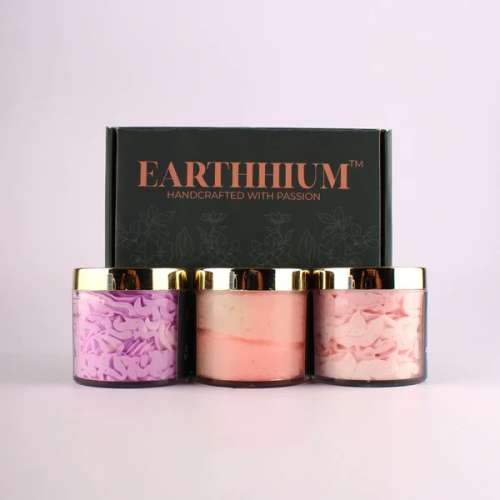 Earthhium: Japanese Cherry Blossom Whipped Cream Soap, Lavender Vanilla Whipped Cream Soap & Rose Body Scrub