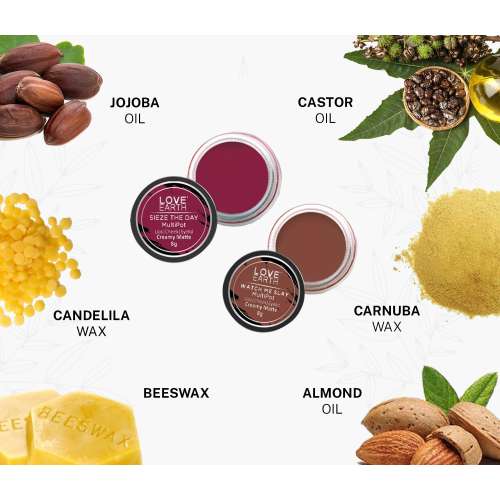 Love Earth: Lip Tint & Cheek Tint Multipot Combo (Raspberry Pink & Caramel Brown) with Richness of Jojoba Oil and Vitamin E for Lips, Eyelids and Cheeks