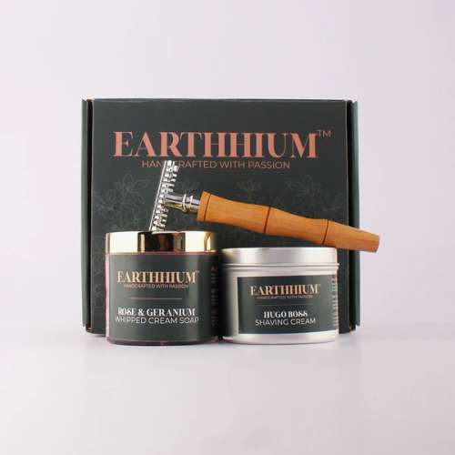 Earthhium: Rose & Geranium Whipped Cream Soap, Hugo Boss Shaving Cream & Bamboo Razor