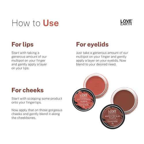 Love Earth: Lip Tint & Cheek Tint Multipot Combo (Coral & Caramel Brown) with Richness of Jojoba Oil and Vitamin E for Lips, Eyelids and Cheeks Love Earth: Lip Tint & Cheek Tint Multipot Combo (Coral & Caramel Brown) with Richness of Jojoba Oil and Vitamin E for Lips, Eyelids and Cheeks