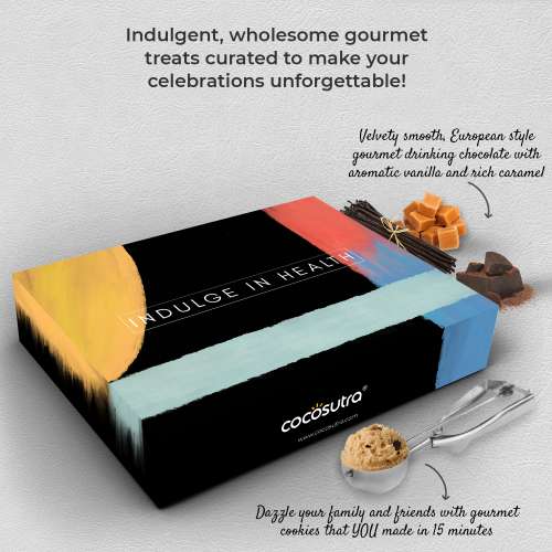 Cocosutra: Gourmet Treats Hamper |Cookie Dough Mix & Hot Chocolate with Chef Cap & Candy Cane l Premium Celebration Box